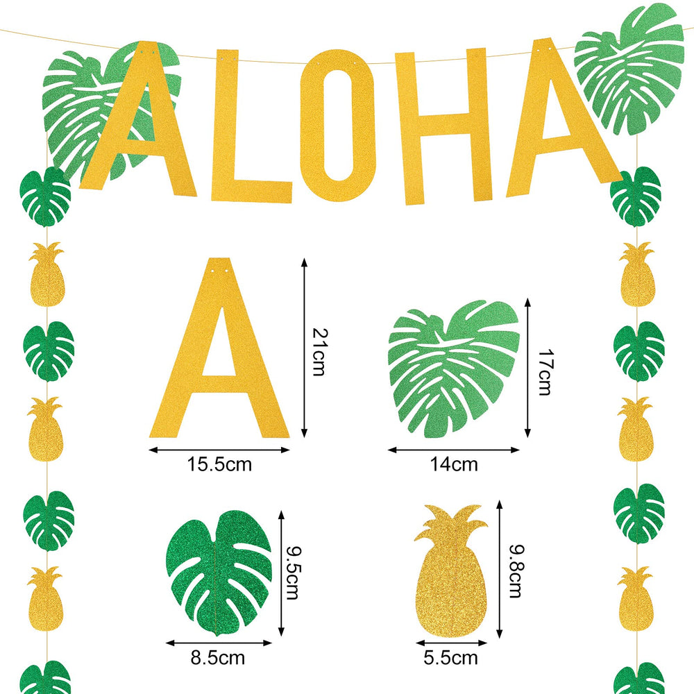 Hawaiian Tropical Luau Theme Party Decoration Including Aloha Banner Pineapple Palm Leaves Garland 12 Pieces Tropical Palm Leaves and 12 Pieces Hibiscus Luau Flower for Pool Party Decorations