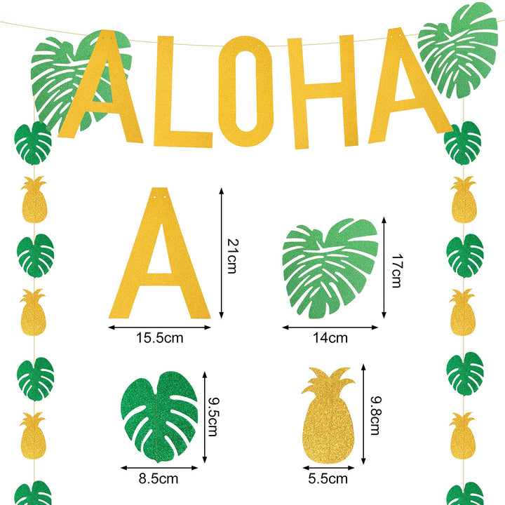Hawaiian Tropical Luau Theme Party Decoration Including Aloha Banner Pineapple Palm Leaves Garland 12 Pieces Tropical Palm Leaves and 12 Pieces Hibiscus Luau Flower for Pool Party Decorations