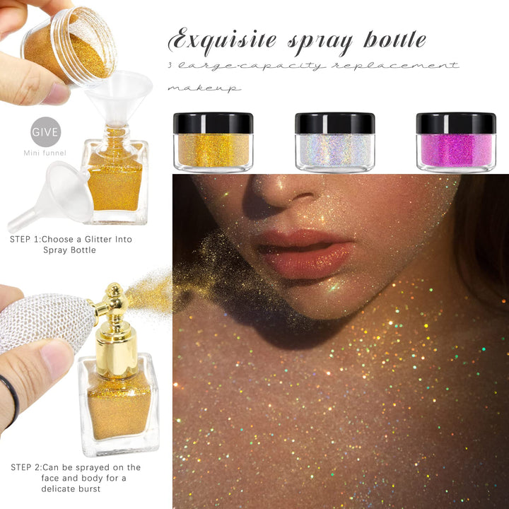 Body Glitter Spray,Sliver Gold Pink Glitter Powder,Shimmer Highlighter Loose Powder Glitter Makeup for Body Face Hair Clothes Nail Art Craft Design 3 Colors-with 1 Empty Spray Bottle
