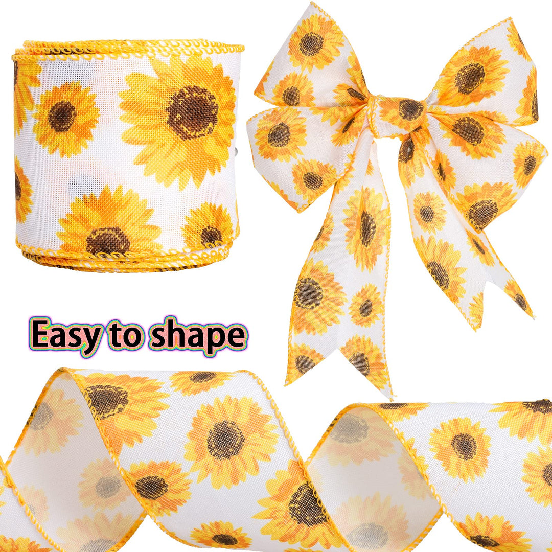 Sunflower Wired Ribbon, Flower Sunflower Ribbon for Spring Summer Autumn Wreath, Wrapping and Home Decoration, 10 Yards by 2.5 Inches (Style 1)
