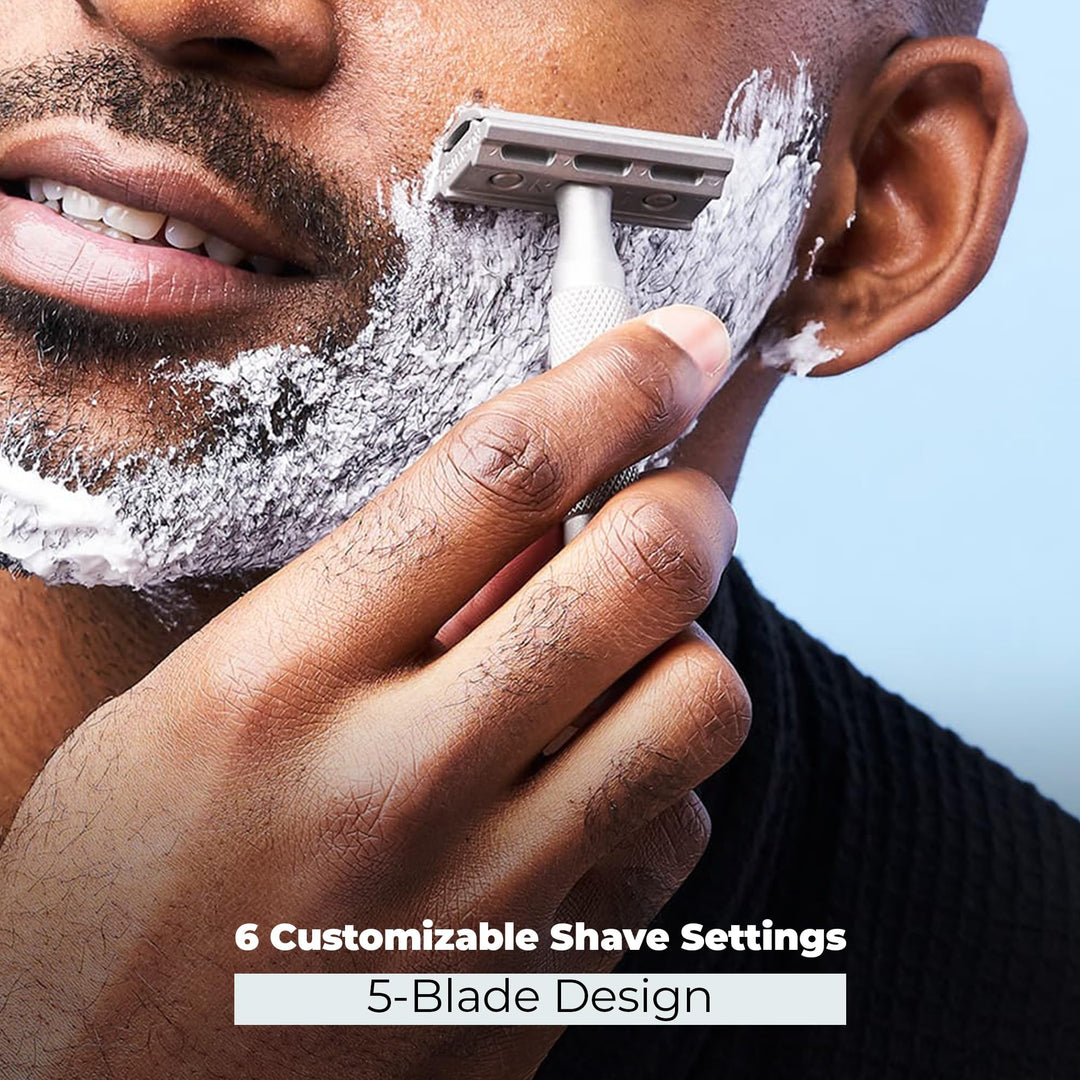 6S Stainless Steel Double-Edge Safety Razor with 6 Adjustable Shave Settings and 5 Blades, 8 Piece Set, Silver
