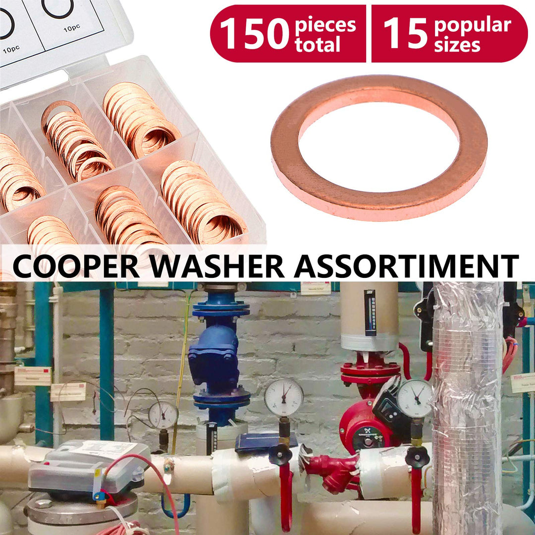 150PCS 15 Sizes Copper Metric Sealing Washers Assortment Set Flat Ring Sump Plug Oil Seal Gasket Sealing Washers Crush Washer Assortment M5/6/7/8/10/10.5/11/12/12.5/14/15/16/16.5/17.5