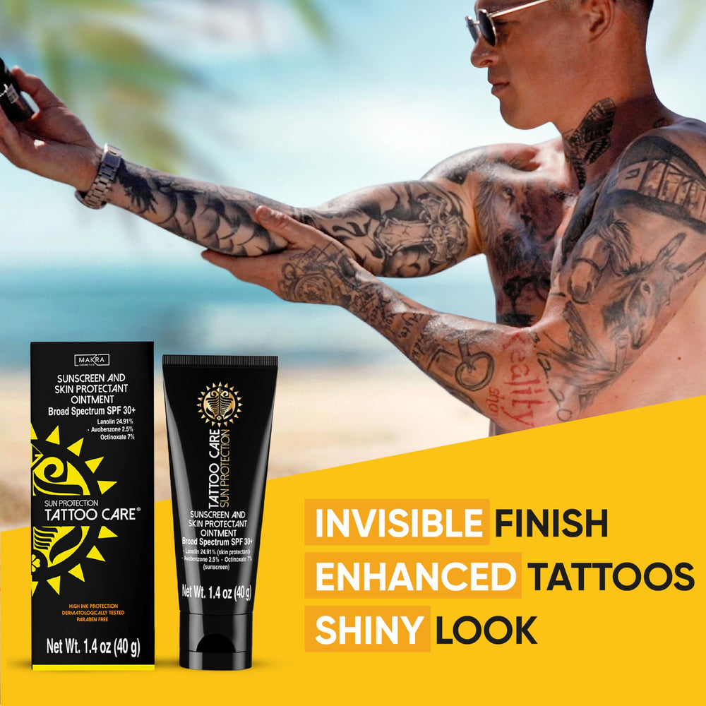 Makra Tattoo Care Sunscreen – SPF 30+ All Natural Tattoo Sun Protection - UVA/UVB Protection - Deeply Moisturizes and Protects Ink Against Fading - Enhances Colors, Water Resistant - 1.35 Oz/40 g