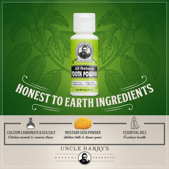 Uncle Harry's All Natural Tooth Powder | Alkalizing Remineralizing Enamel Support & Whitening Toothpaste for Sensitive Teeth | Powder Toothpaste for Gum Health & Fresh Breath (2 oz)