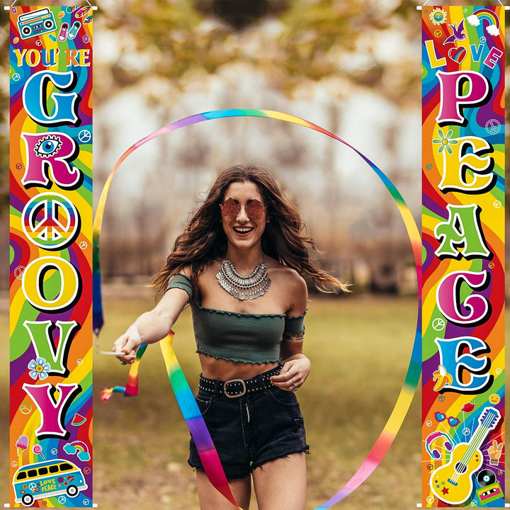 60's Party Scene Setters Wall Decorating Kit 60s Porch Sign Party Door Sign for 1980s Theme Party Rock Star Birthday Decoration (60s Groovy)