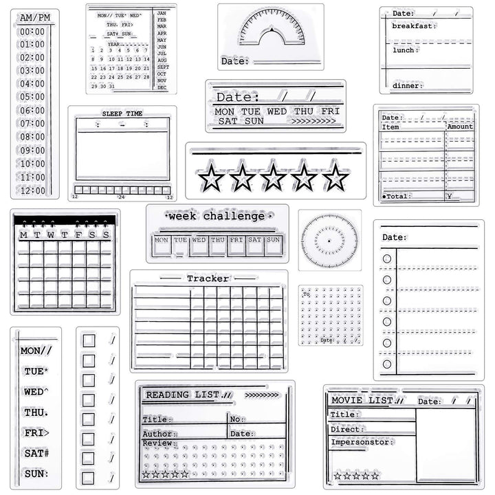 18 Pieces Journal Stamps Clear Journal Stamps, 4 Sheets Silicone Calendar Planner Stencils for Bullet, Week Dates Month Organizer Tasks Ideas DIY Making Crafts Scrapbooking Supplies