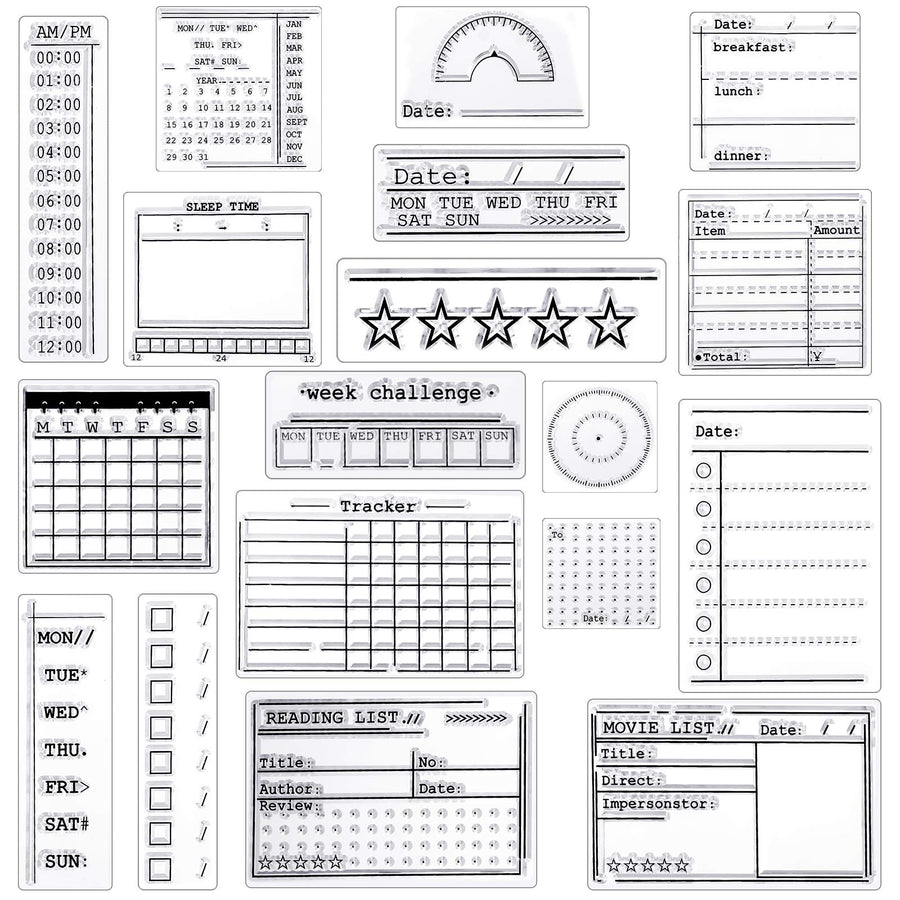 18 Pieces Journal Stamps Clear Journal Stamps, 4 Sheets Silicone Calendar Planner Stencils for Bullet, Week Dates Month Organizer Tasks Ideas DIY Making Crafts Scrapbooking Supplies