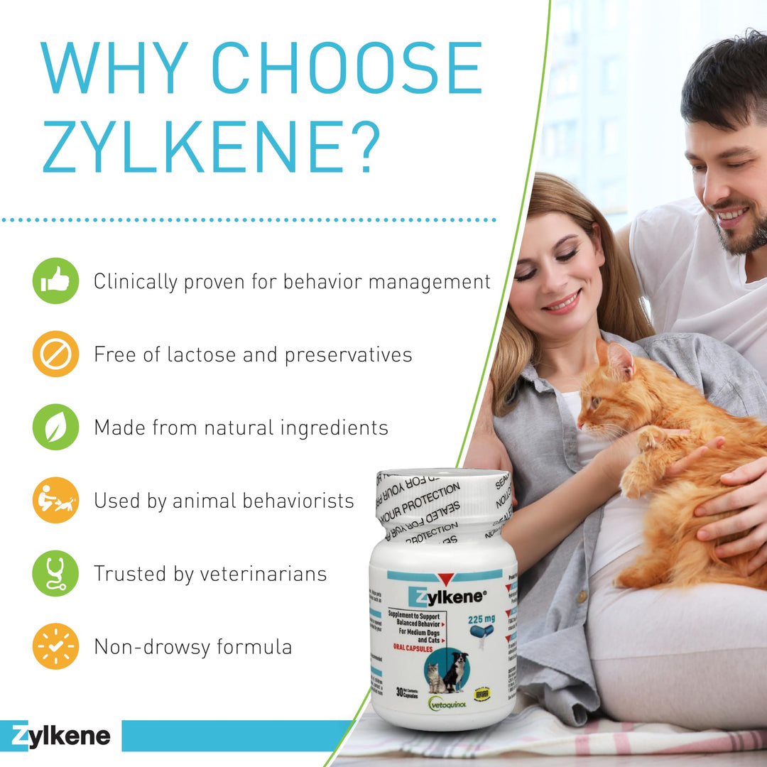 Zylkene Calming Support Supplement for Medium Dogs 33-65lbs Helps Promote Relaxation and Reduce External Stress Factors, Daily Behavioral Support and Anxiety Relief for Dogs, 225mg