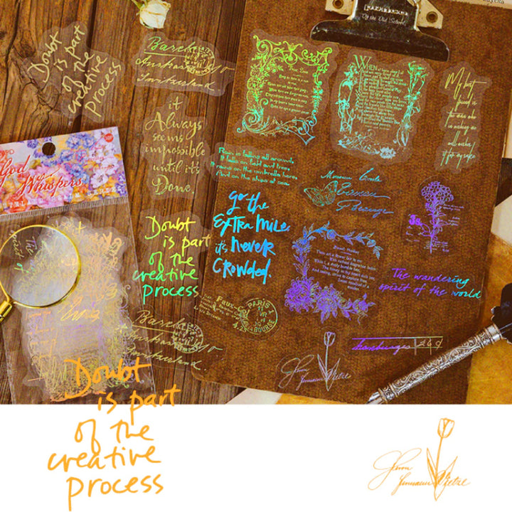 Fairy Gold foil Holographic Stickers Set(120 pieces with 4 Themes)-Resin Transparent Waterproof Stickers,Butterfly,Flower Vintage letter Planner Stickers for Scrapbook Junk Bullet Journals