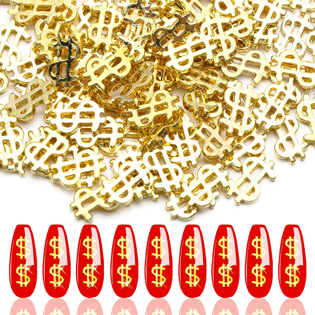 100pieces Luxury 3D Golden Dollar Sign Nail Art Charms Dollar Mark Shape Nail Stickers Jewels Bill Money Design Nail Art Studs Accessories for Women Girls Ladies (0.20inchx0.31inch)