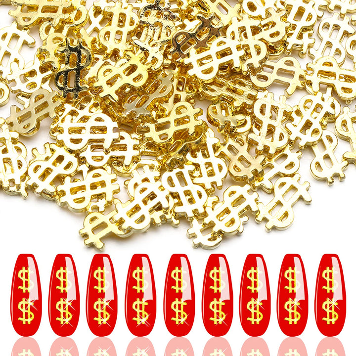 100pieces Luxury 3D Golden Dollar Sign Nail Art Charms Dollar Mark Shape Nail Stickers Jewels Bill Money Design Nail Art Studs Accessories for Women Girls Ladies (0.20inchx0.31inch)