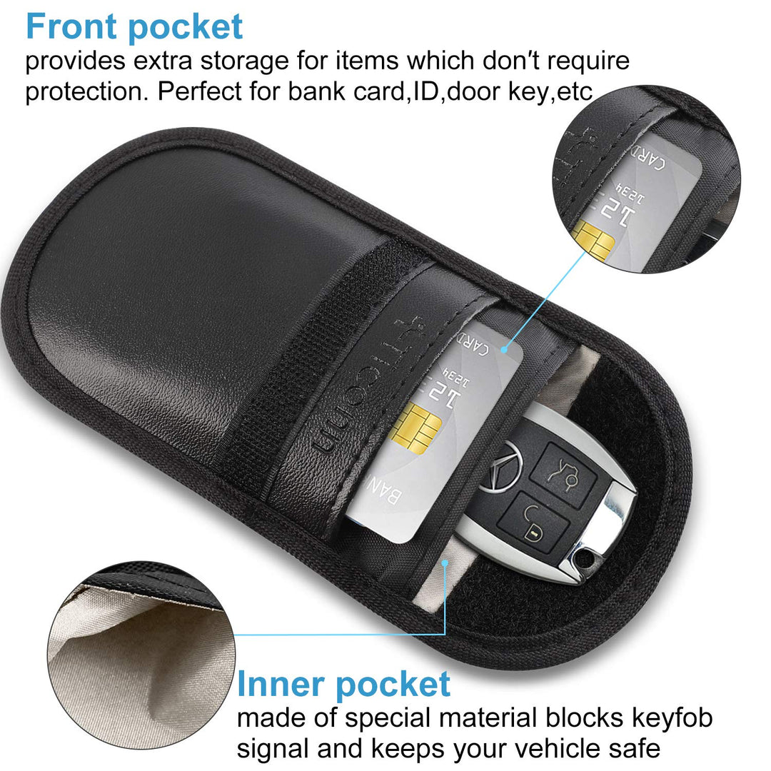2PK Faraday Bag for Key Fob, 3.5''X5.0'' Faraday Cage Protector, Car RFID Signal Blocking, Anti-Theft Pouch Anti-Hacking Case Blocker (Black PU)