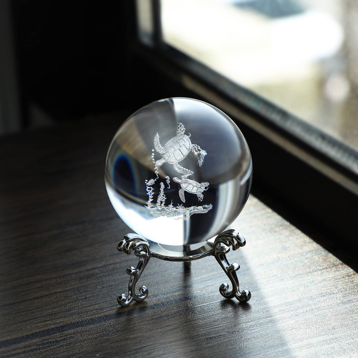 60mm 3D Glass Laser Sea Turtle Ball Paperweights 2.3inch Crystal Ball with Stand Table Decoration for Home Turtles Gifts for Kids Women