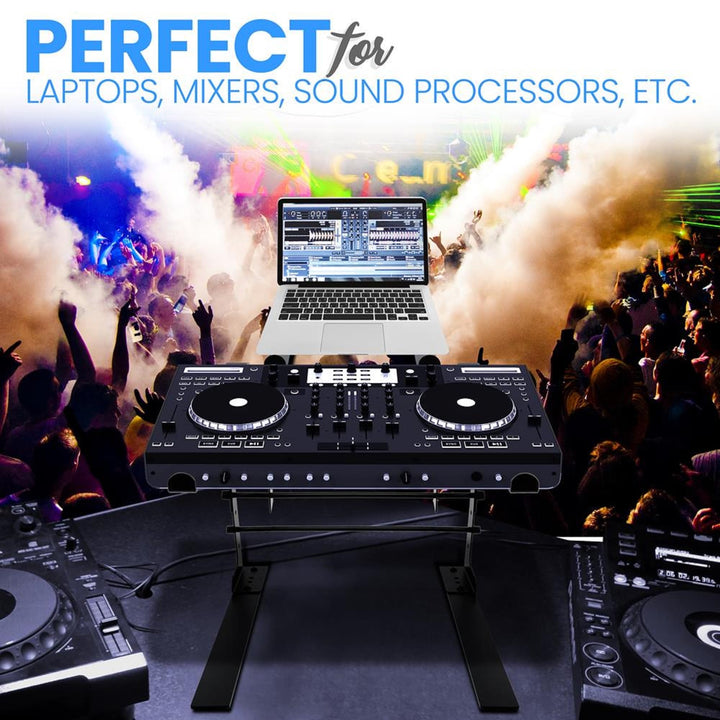 Portable Dual Laptop Stand - Standing Table with Adjustable Height, Ergonomic Design & Anti-Slip Prongs for DJ Mixer, Sound Equipment, Workstation, Gaming & Home Use - PLPTS38, Black