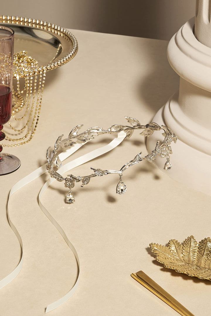 Elegant Rhinestone Leaf Wedding Bridal Bridesmaid Forehead Band Dangle Rhinestone Bridal Tiara Crown with Gift Box , Silver, One size