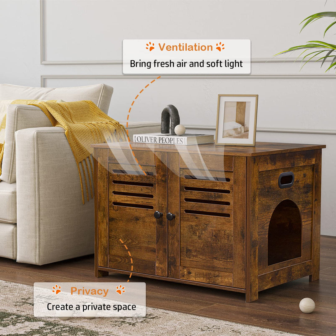 Litter Box Enclosure, Cat Litter House with Louvered Doors, Entrance Can Be on Left or Right Side, Spacious Hidden Washroom for Most of Litter Box, Cat Furniture Cabinet, Rustic Brown