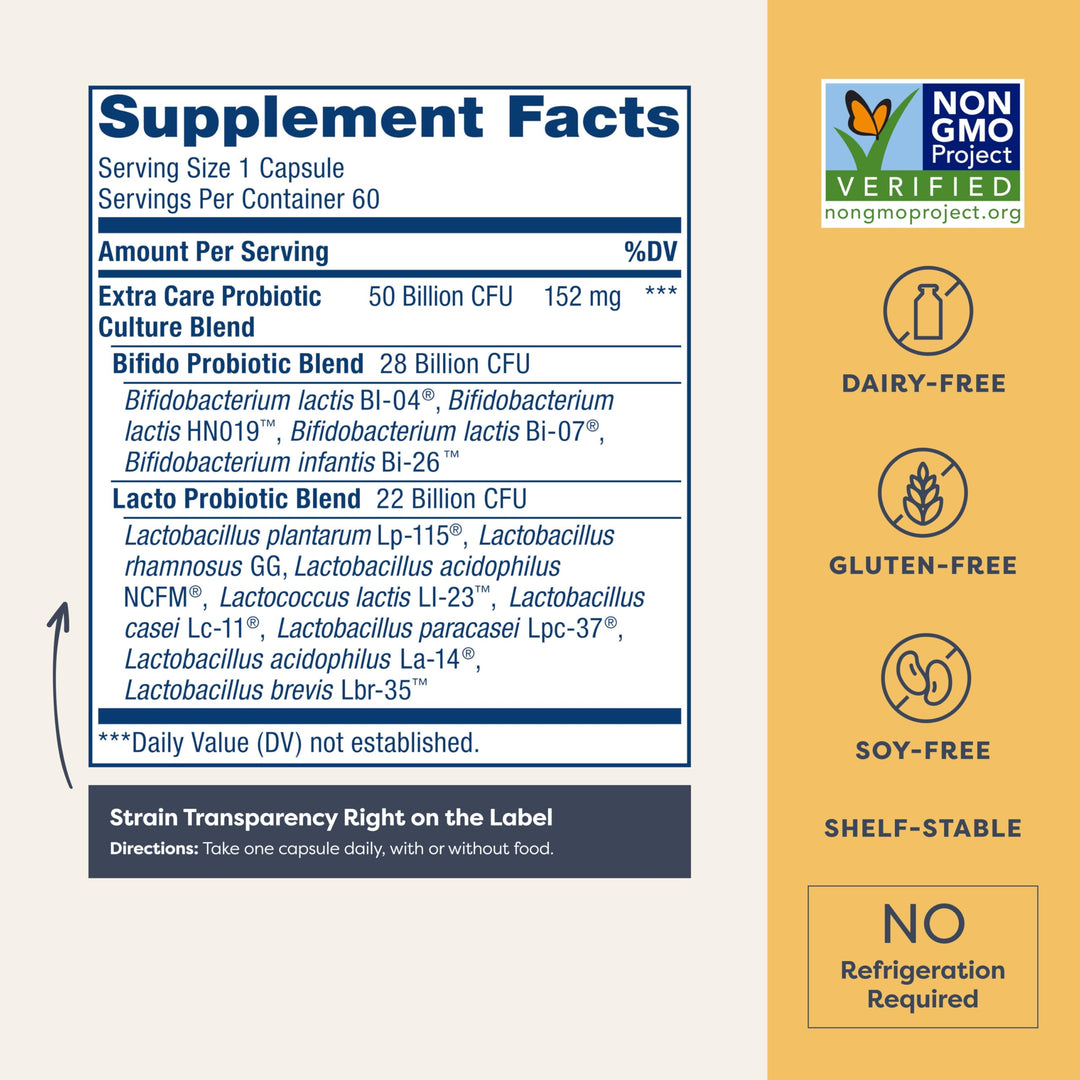 Extra Care Digestive Probiotic Capsules, 50 Billion CFU Guaranteed, Daily Supplement Supports Immune, Digestive, Respiratory Health(1), L. Rhamnosus GG, Dairy, Soy and Gluten-Free, 60 Count