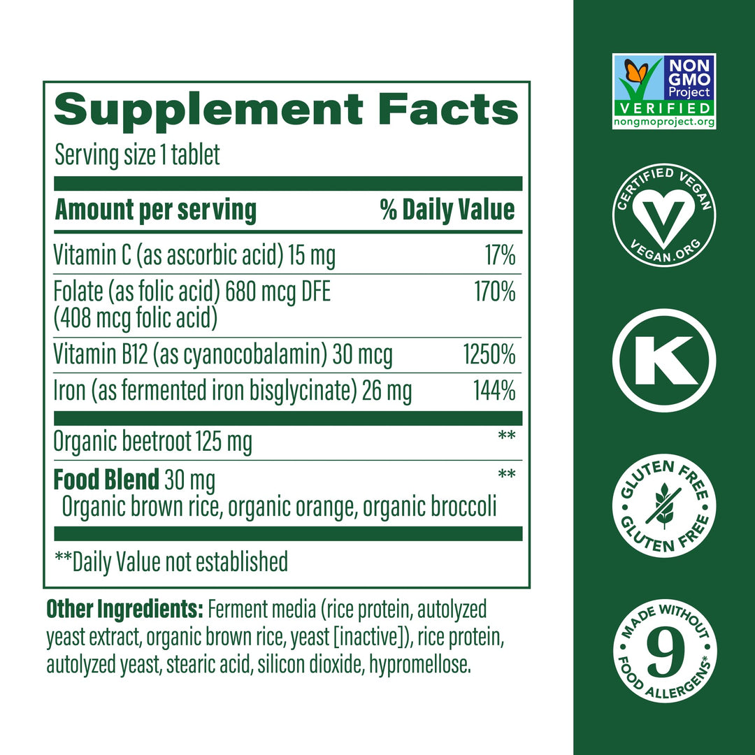 Blood Builder - Iron Supplement Clinically Shown to Increase Iron Levels Without Side Effects - Supplement for Women with Vitamin C, Vitamin B12 & Folic Acid - Vegan - 30 Tabs