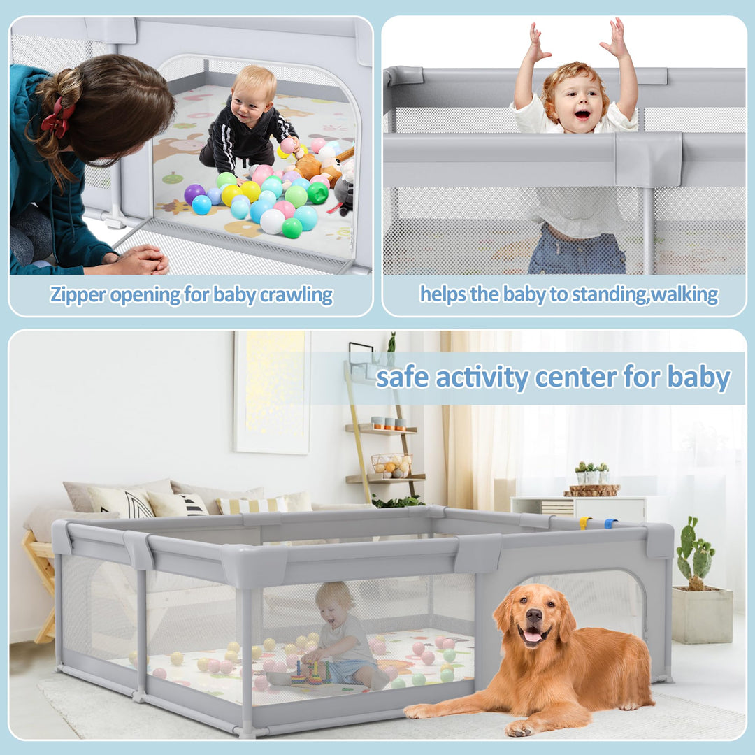 71x59 Extra Large Baby Playpen, Sturdy Safety Playard for Babies and Toddlers, Baby Activity Center with 8 Suction Cup Bases and Soft Breathable Mesh, Infants Play Pen with Gate, Gray