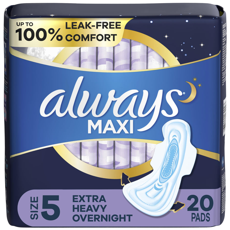 Maxi Feminine Pads For Women, Size 5 Extra Heavy Overnight Absorbency, With Wings, Unscented, Pack Of 20