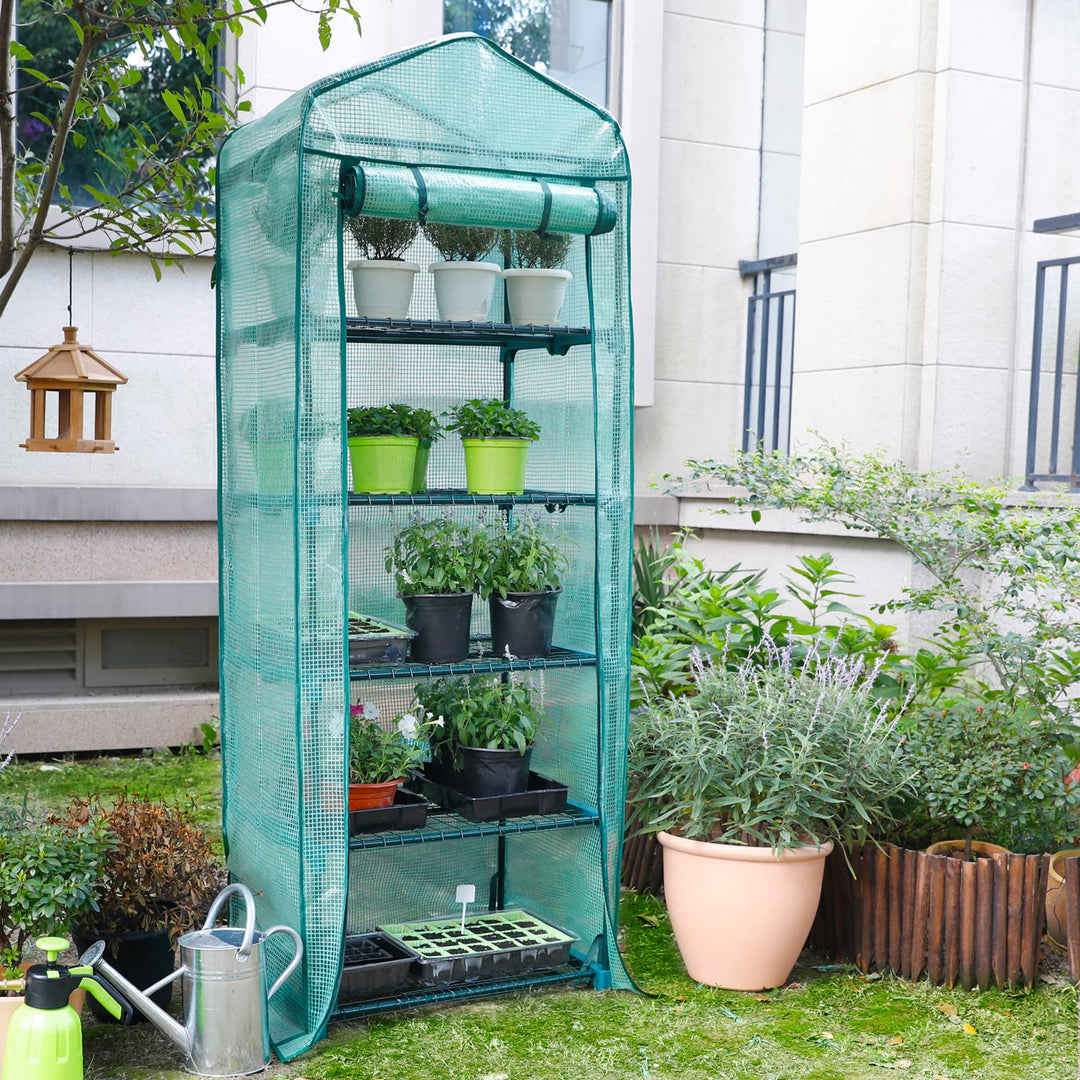 Garden 4 Tier Mini Greenhouse - 63'' H x 27'' L x 19'' W - Sturdy Portable Gardening Shelves with Durable PE Cover w/ Roll-Up Zipper Door- Small Green House Indoor & Outdoor for Plants Flowers