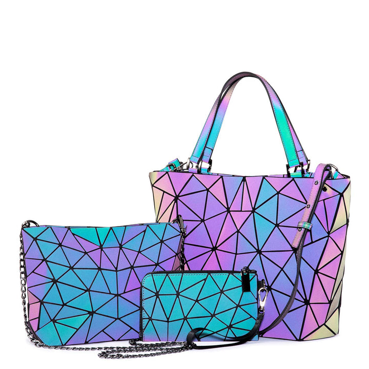 Geometric Luminous Purses and Handbags for Women Holographic Reflective Crossbody Bag Wallet 3PCS