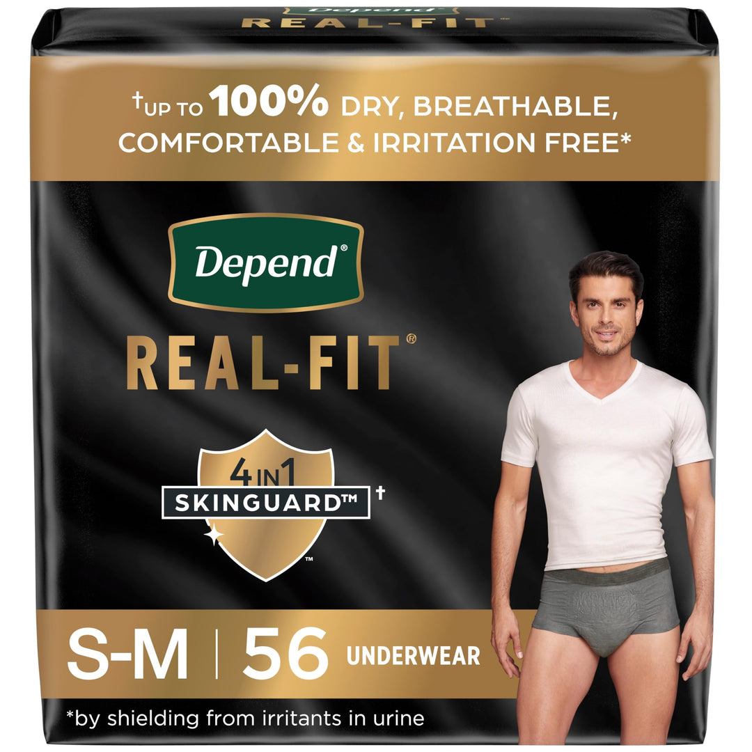 Real Fit Incontinence Underwear for Men, Disposable, Maximum Absorbency, Small/Medium, Grey, 56 Count (2 Packs of 28), Packaging May Vary
