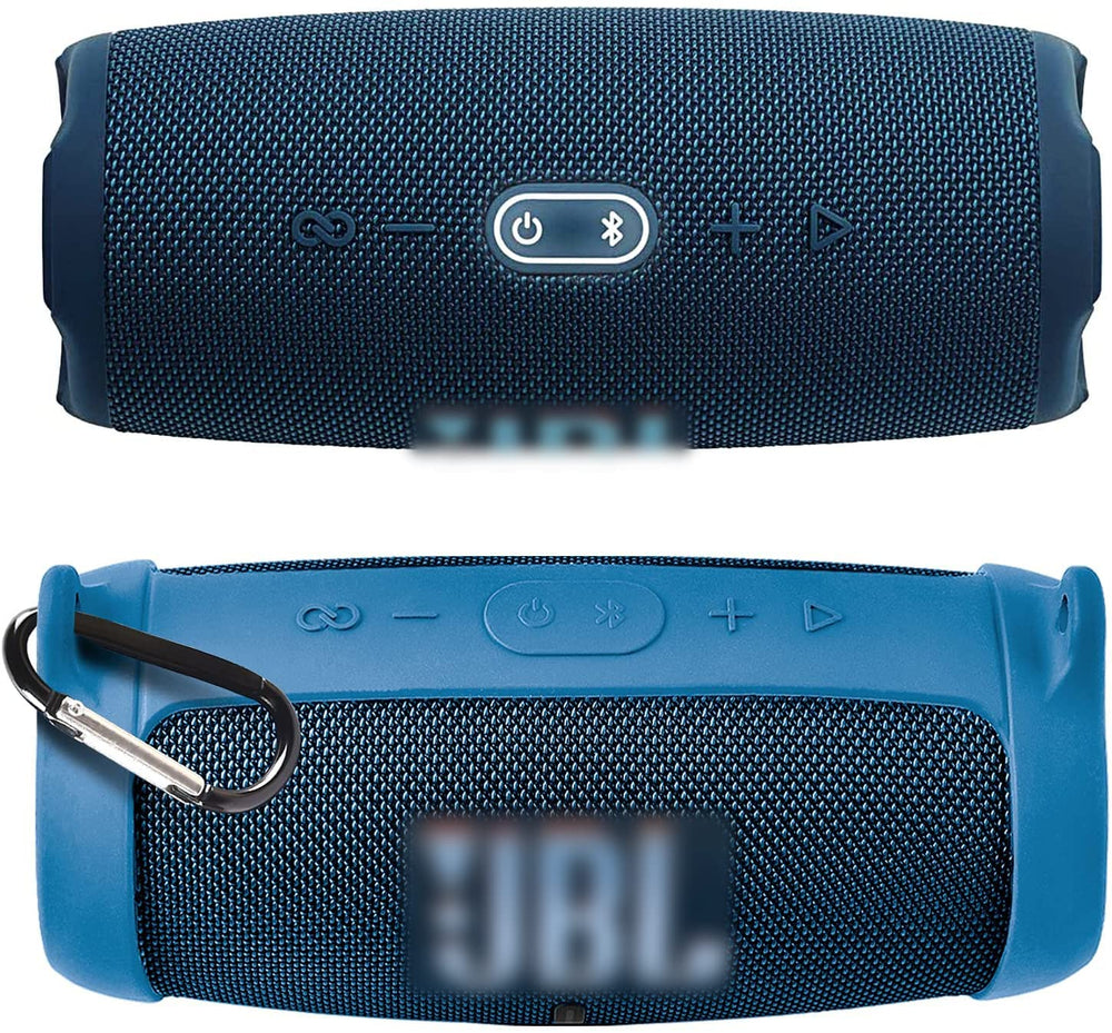 Silicone Case Cover for JBL Charge 5 Waterproof Portable Bluetooth Speaker, Travel Carrying Protective Gel Soft Skin, Waterproof Rubber Pouch with Shoulder Strap and Carabiner - Blue