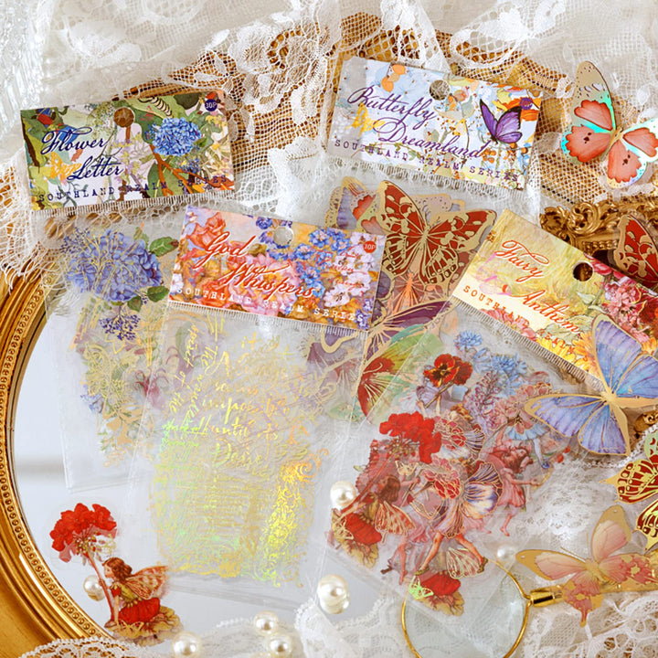 Fairy Gold foil Holographic Stickers Set(120 pieces with 4 Themes)-Resin Transparent Waterproof Stickers,Butterfly,Flower Vintage letter Planner Stickers for Scrapbook Junk Bullet Journals