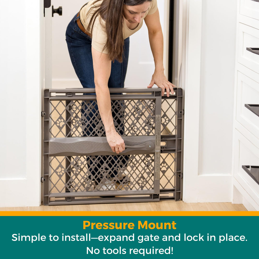 North States Paws Portable Pet Gate: 26-40 Wide. Pressure Mount. No Tools Needed. Made in USA. Dog Gate 23 Tall, Expandable, Durable Dog Gates for Doorways, Fieldstone Gray