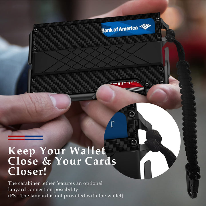 Tactical Minimalist Wallet for Men, Slim RFID-Blocking Metal Card Holder, Front Pocket Men’s Leather Dapper Bifold Wallet with Money Clip with Keychain (Carbon Fiber)