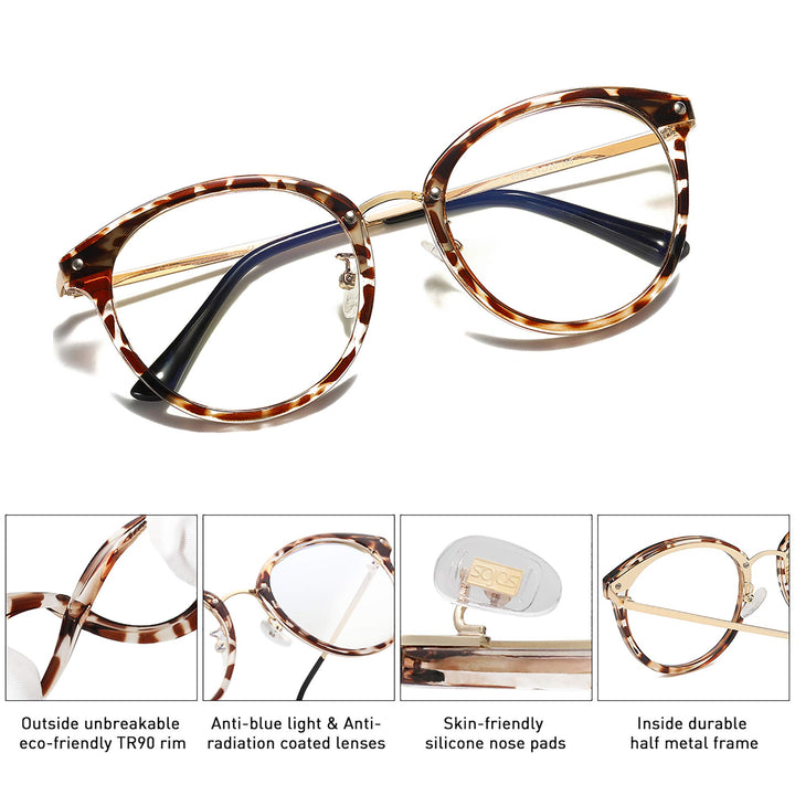 Retro Round TR90 Blue Light Reading Glasses Womens Mens Readers Computer Glasses Eyewear Frame SJ9001, Bright Leopard Frame 0.00 x