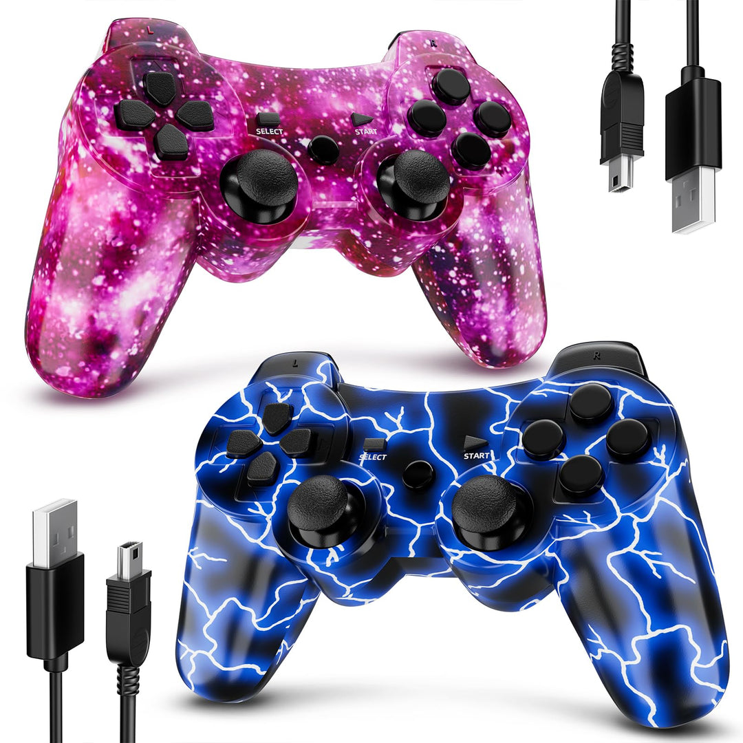 PS3 Controller Wireless 2 Pack Double Shock Gamepad for PlayStation 3 Remotes, Six-Axis Wireless PS3 Controller with Charging Cable, Blue+ Purple