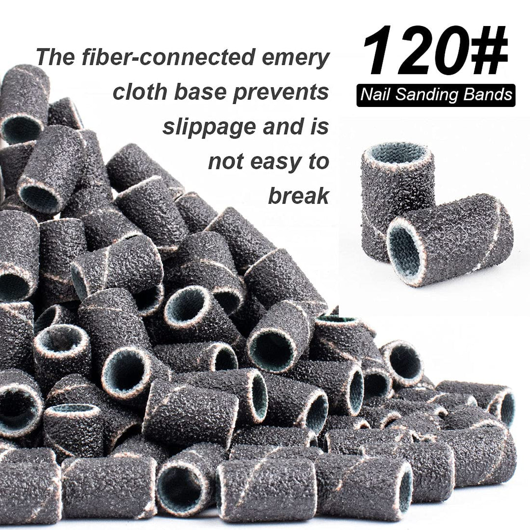 120# professional nail sanding bands for nail drill,drill sanding band with storage box,include 100 medium sand bands and 2 pieces mandrel for most size 3/32 nail drill machine