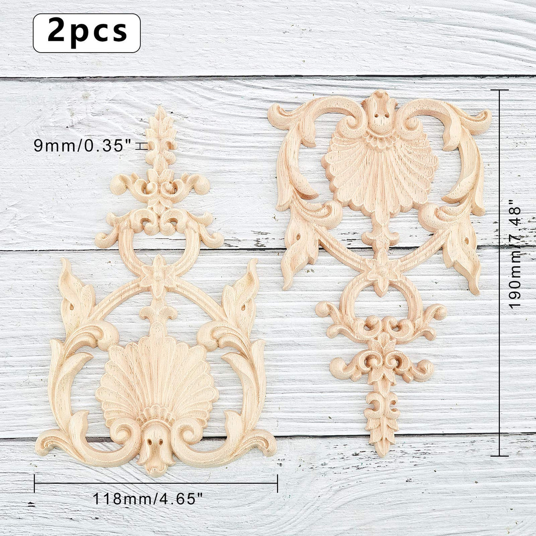 2PCS Carved Wood Appliques Onlays Wooden Decal Corner Frame 7.5x4.6inch Unpainted Wooden Onlay Wood Carving Appliques ffor Furniture Cabinet Dresser Bed Wall