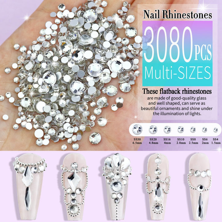 3200 Pieces Multi Shapes Glass Flatback Crystal Rhinestones for Nail Art Craft, Flatback Rhinestone 3D Decorations Flat Back Crystal Stones Gems Set (Crystal Clear/White)