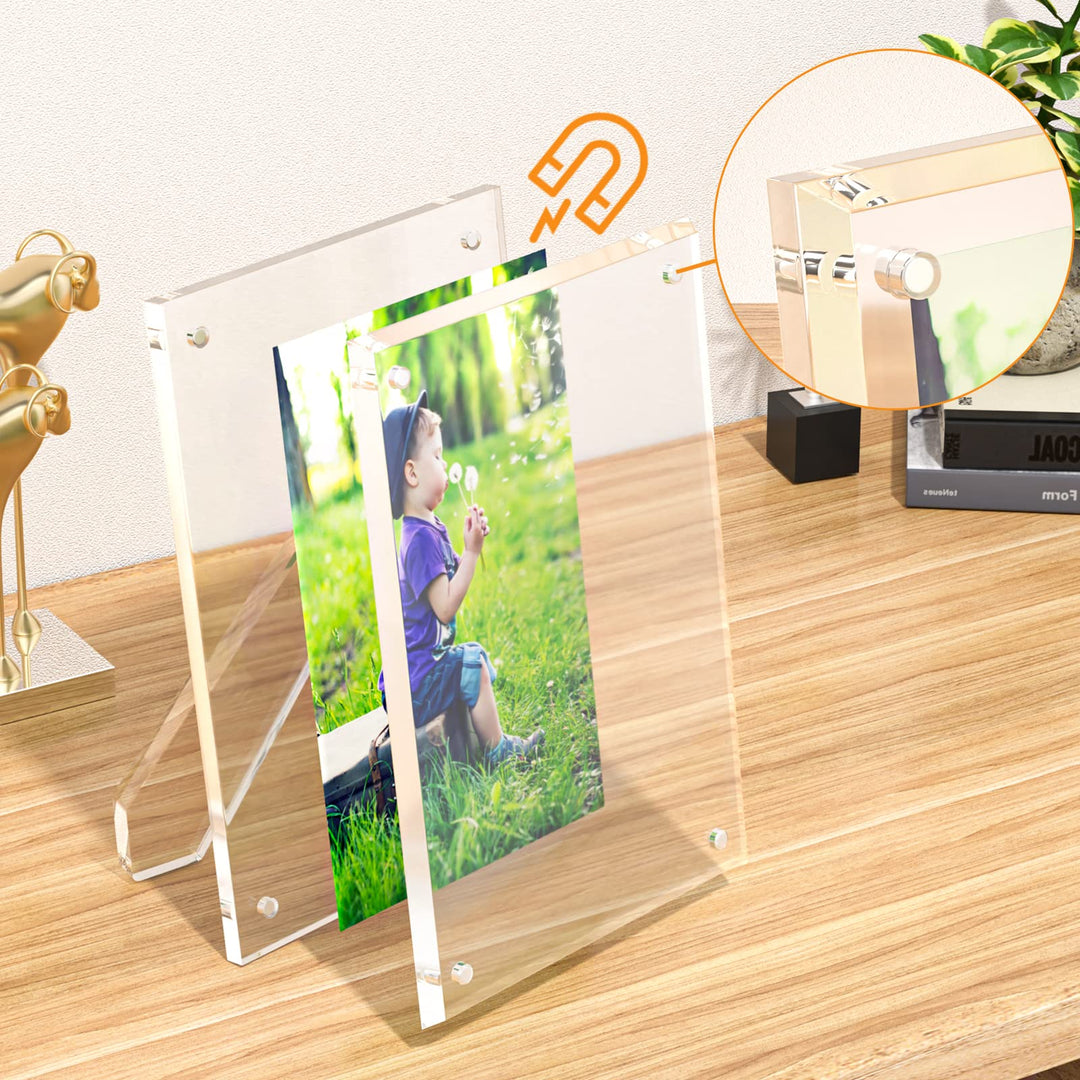 4x6 Picture Frame, Acrylic Clear Photo Frame with Magnets for Tabletop Display, 2 Pack