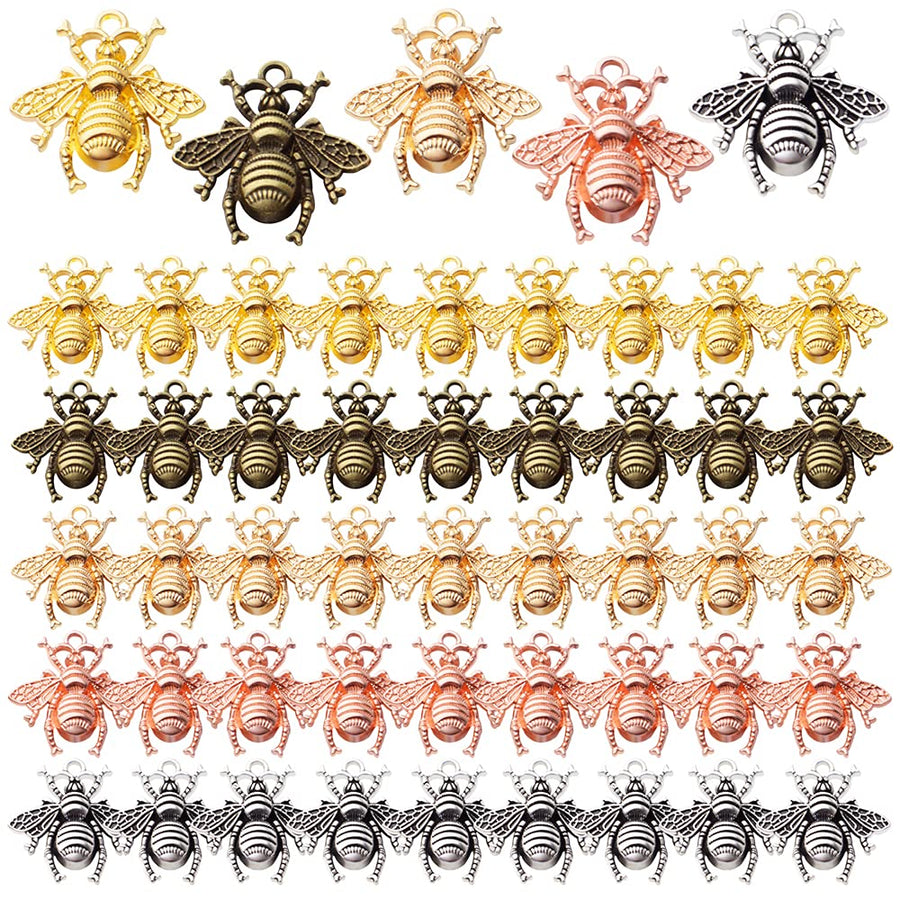 50pcs Alloy Bee Charms Honeybee Charm Pendants Insect Pendant for DIY Jewelry Craft Making Accessory,21mm×20mm,5 Colors