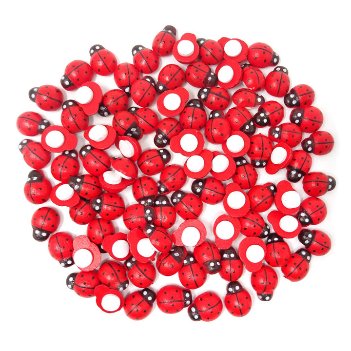 100PCS 10x13mm Flatback Self Adhesive Tiny Wooden Ladybug Embellishments for Micro Landscape, DIY Crafts and More (Red)