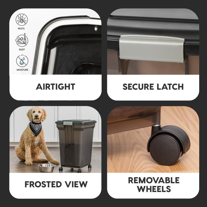 USA WeatherPro Airtight Dog Food Storage Container, Up to 58 lbs, Attachable Wheels, For Dog Cat Bird and Other Pet Food Storage Bin, Keep Fresh, Easy Mobility, BPA Free, Smoke