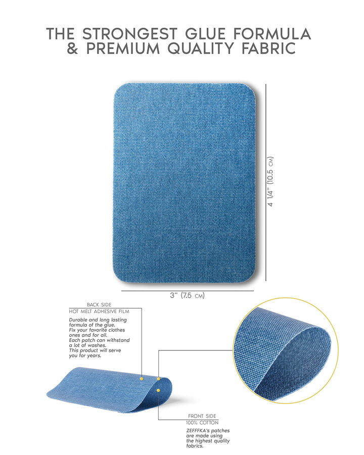 Denim Iron-on Patches Inside & Outside Strongest Glue 100% Cotton Black and White Repair Decorating Kit 12 Pieces Shades of Blue Size 3 by 4-1/4 (7.5 cm x 10.5 cm)
