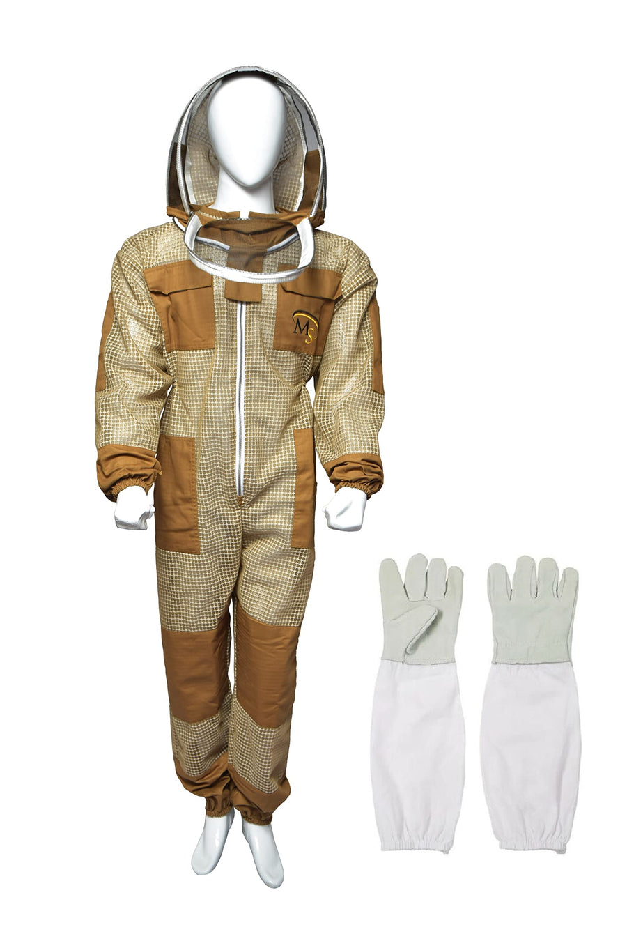 3 Layer Bee Suit Ventilated Beekeeper Suit with One Pair Gloves Beekeeping Suit with Fencing Veil (Medium, Khaki)
