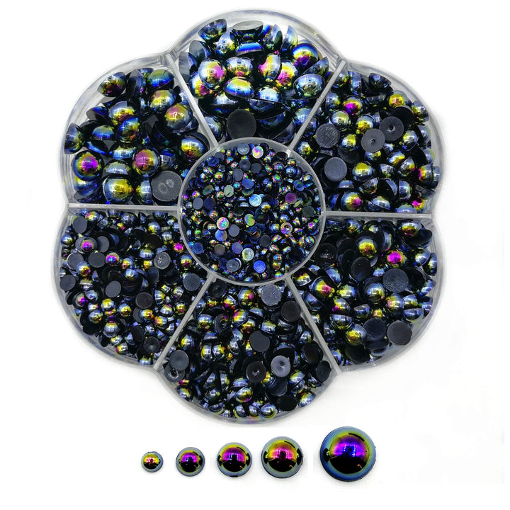 Amaney 2100pcs Black AB Satin Luster ABS Imitation Pearls Half Round Pearls Assorted Mixed Sizes 3/4/5/6/8mm Flatback Pearl Beads DIY Material (Black AB)