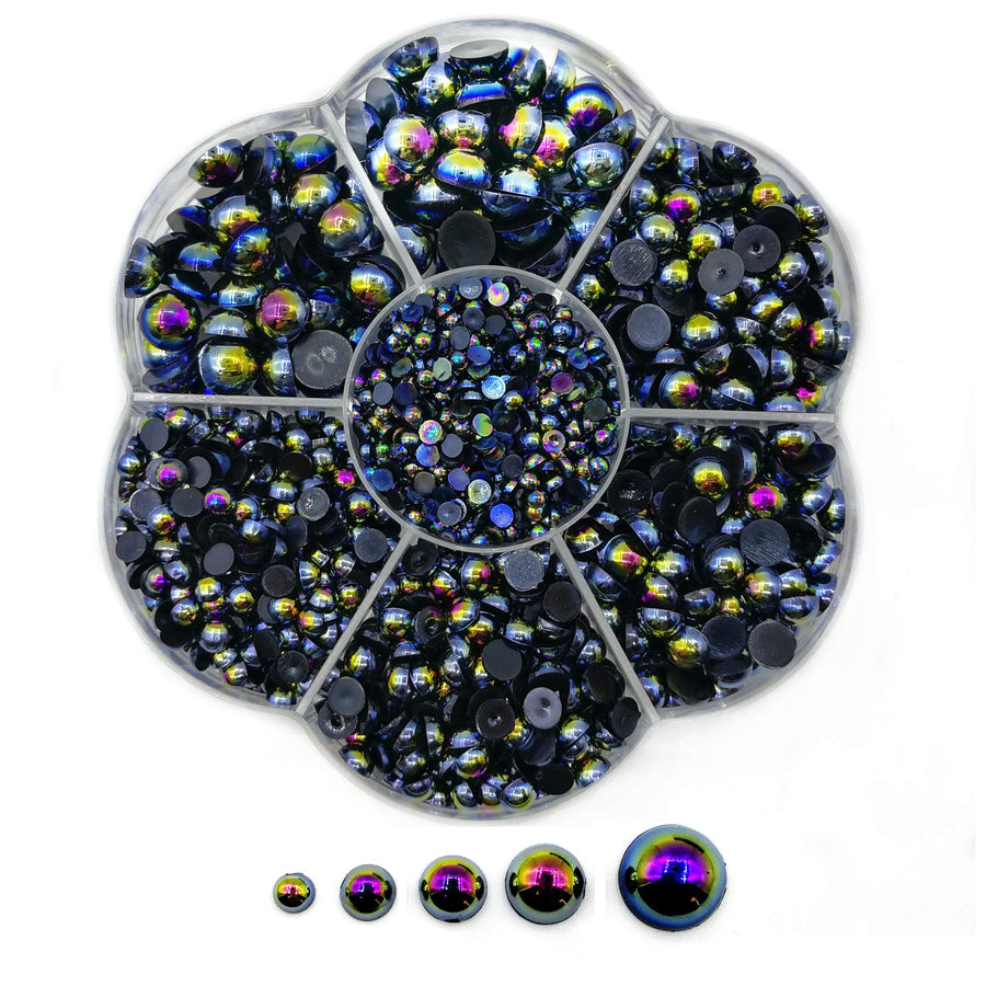 Amaney 2100pcs Black AB Satin Luster ABS Imitation Pearls Half Round Pearls Assorted Mixed Sizes 3/4/5/6/8mm Flatback Pearl Beads DIY Material (Black AB)