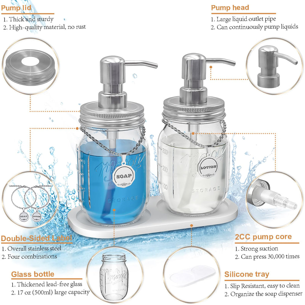 Mason Jar Soap Dispenser Set with 16 Ounce Mason Jar, Non-Slip Coaster, Made from Rust Proof Stainless Steel, Soap Labels-Silver