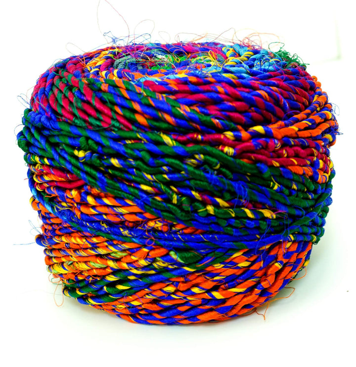 Recycled Sari Silk Yarn, Multi-Color Pure Silk Yarn, Made from Handspun Used Sari Fabric Ribbon Scraps, Rainbow Yarn for Knitting, Weaving & Crocheting 100 Grams per Ball (2-Pack)