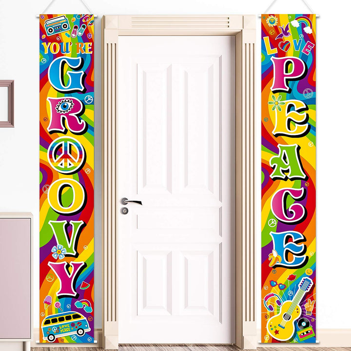 60's Party Scene Setters Wall Decorating Kit 60s Porch Sign Party Door Sign for 1980s Theme Party Rock Star Birthday Decoration (60s Groovy)