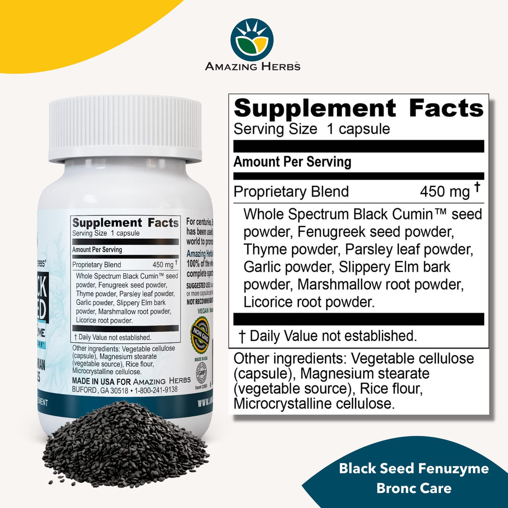 Black Seed Fenuzume Bronc-Care, Vegetarian Capsules - Gluten-Free, Non-GMO, Vegan, Enhances Immune Response, Improves Allergic Conditions & General Well-Being - 60 Count