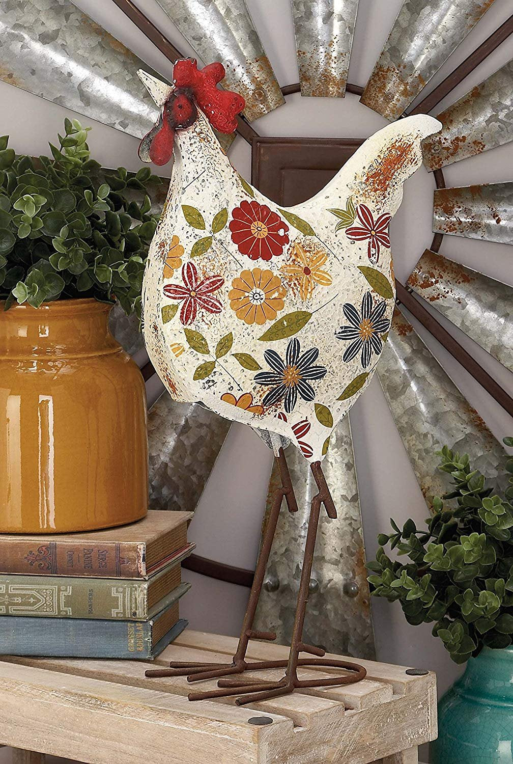 Metal Rooster Decorative Garden Sculpture Indoor Outdoor Distressed Standing Garden Statue with U Shaped Feet, Outdoor Sculpture 10 x 5 x 17, Cream