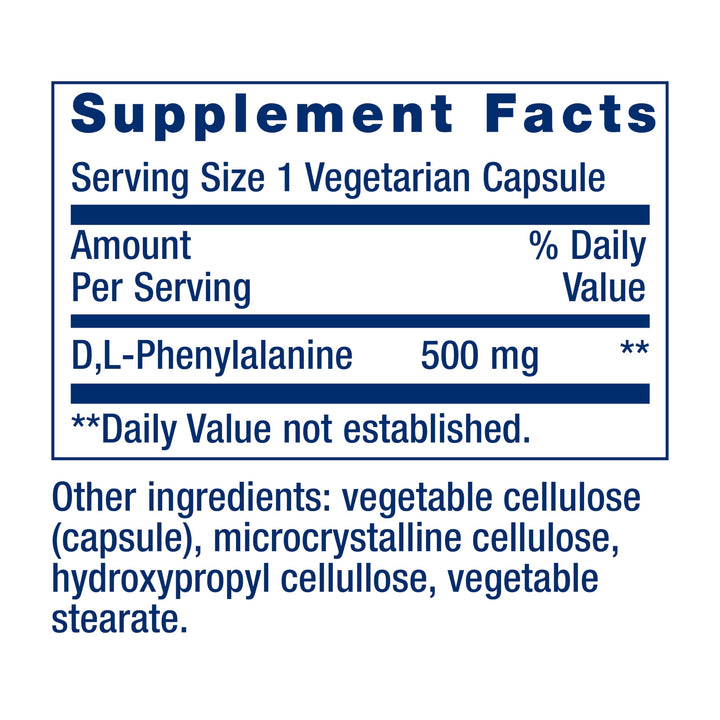D, L-Phenylalanine Capsules, 500 mg – Supports Mood Health, Promotes Neurotransmitter Health – Gluten-Free, Non-GMO, Vegetarian – 100 Capsules